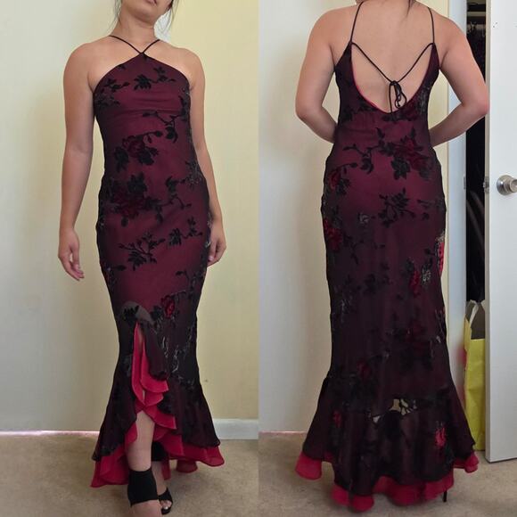 Morgan and co Velvet floral overlay High low ruffle hem halter y2k prom gown 7/8 - Picture 1 of 2